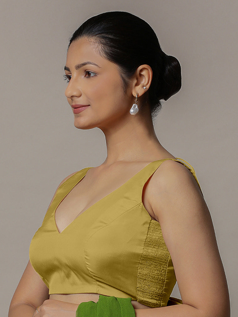 Raisa x Rozaana Saree Blouse, in Yellow Vegan Silk, featuring sleeveless and curved v-neckline, made for party & festive.
