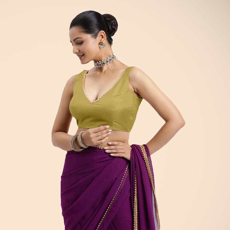 Raisa x Tyohaar | Lemon Yellow Sleeveless FlexiFit™ Saree Blouse with V Neckline with Golden Gota Lace Embellishment and Back Cut-out with Tie-Up-Binks