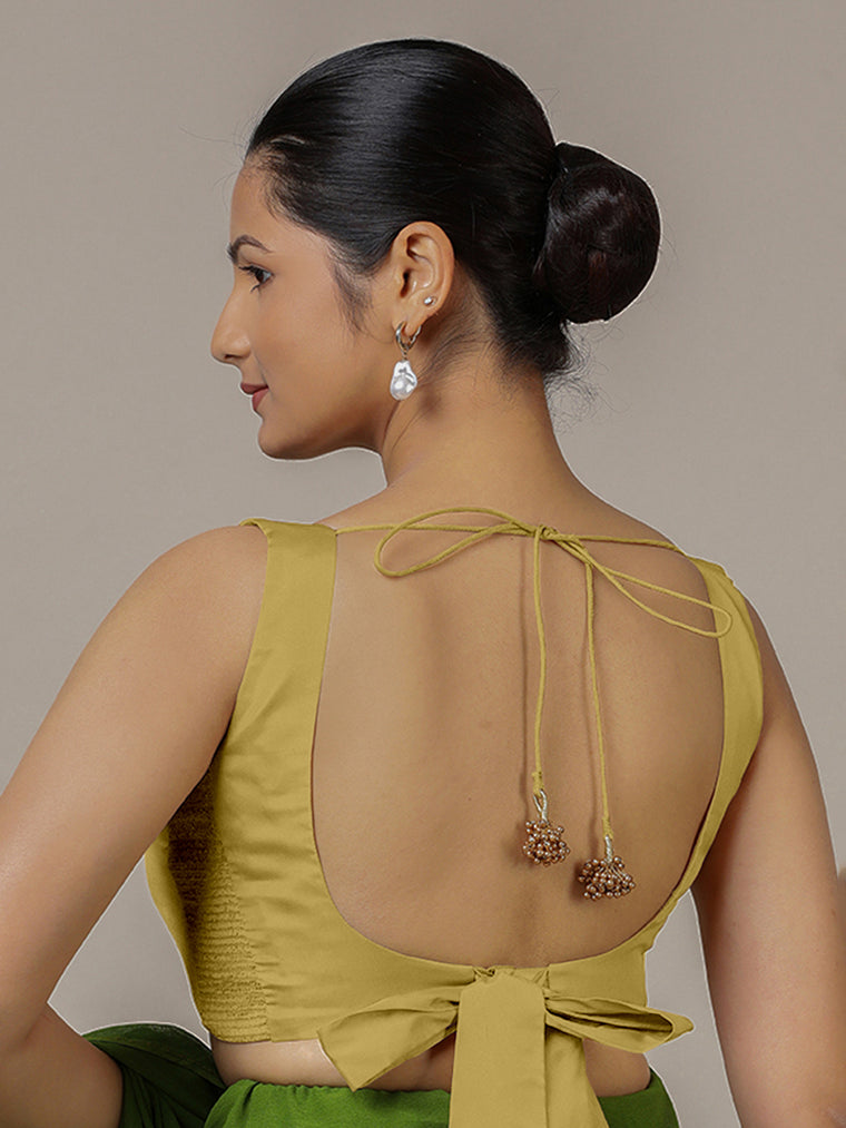 Raisa x Rozaana Saree Blouse, in Yellow Vegan Silk, featuring sleeveless and curved v-neckline, made for party & festive.