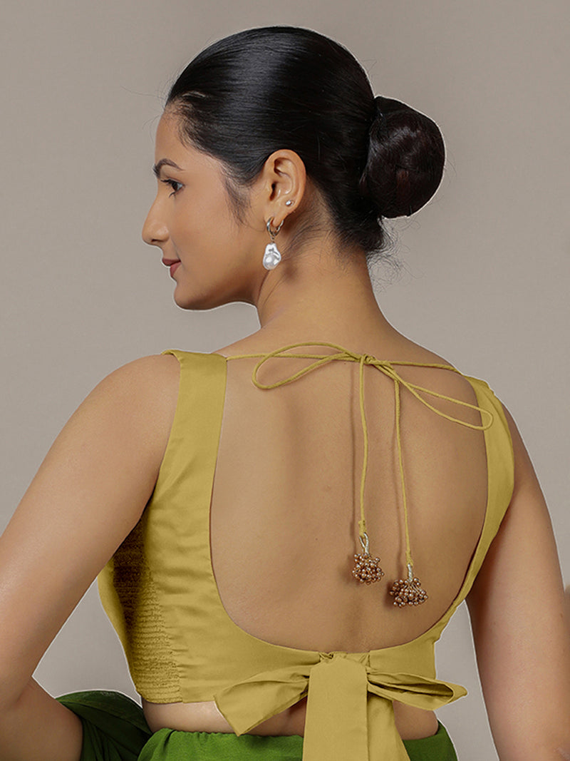 Raisa x Rozaana | Lemon Yellow Sleeveless FlexiFit™ Saree Blouse with Simple V Neckline and Back Cut-out with Tie-Up-Binks