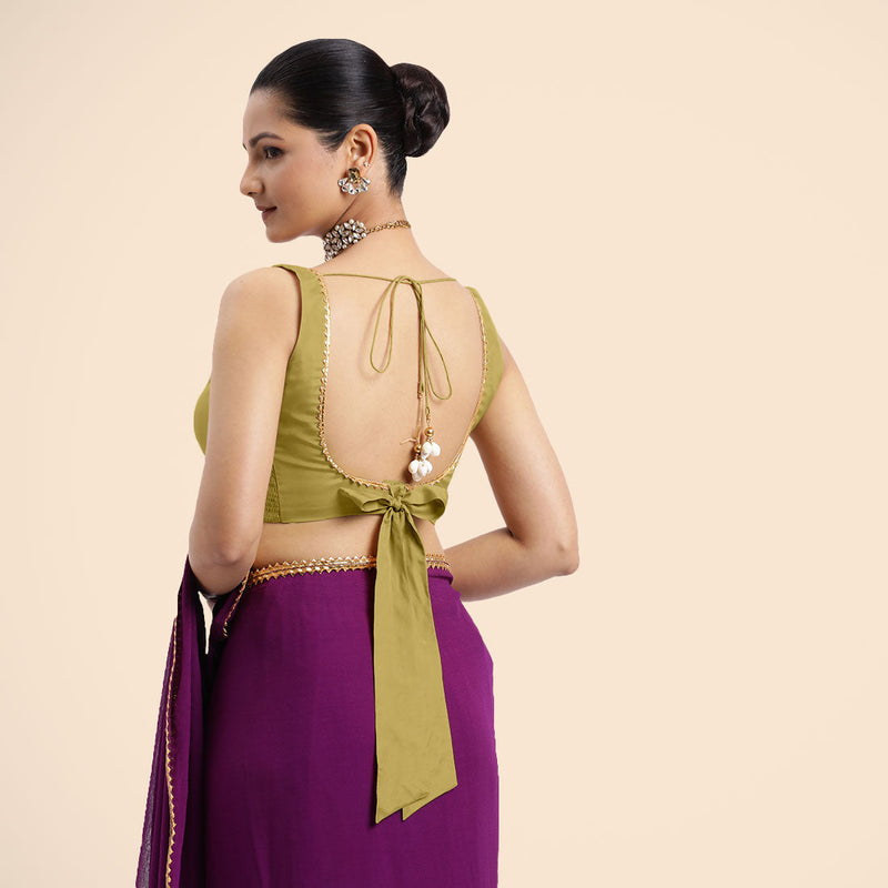 Raisa x Tyohaar | Lemon Yellow Sleeveless FlexiFit™ Saree Blouse with V Neckline with Golden Gota Lace Embellishment and Back Cut-out with Tie-Up-Binks