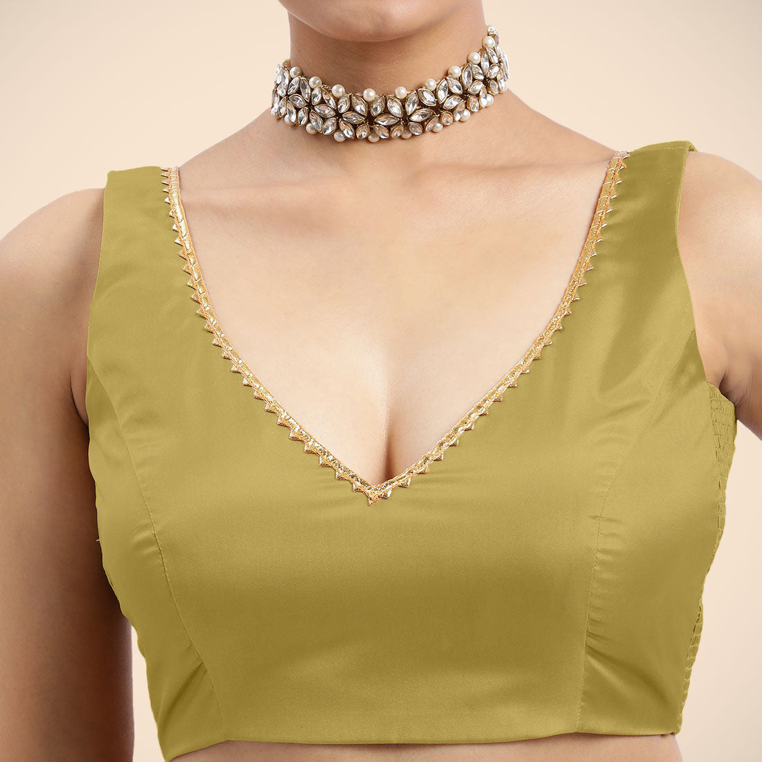 Raisa x Tyohaar Saree Blouse, in Yellow Vegan Silk, featuring sleeveless and curved v-neckline, made for party & festive.