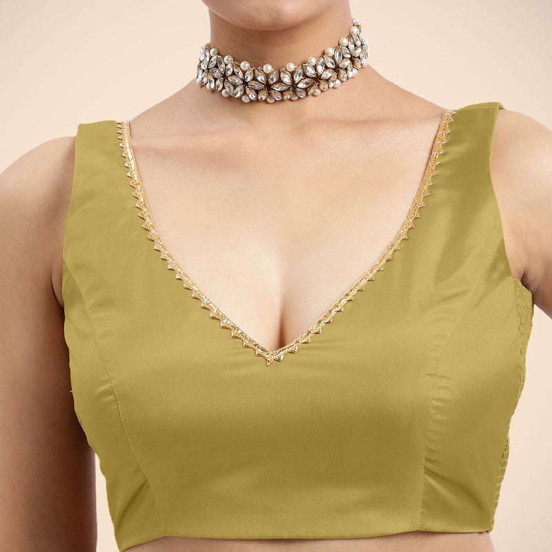 Raisa x Tyohaar | Lemon Yellow Sleeveless FlexiFit™ Saree Blouse with V Neckline with Golden Gota Lace Embellishment and Back Cut-out with Tie-Up-Binks