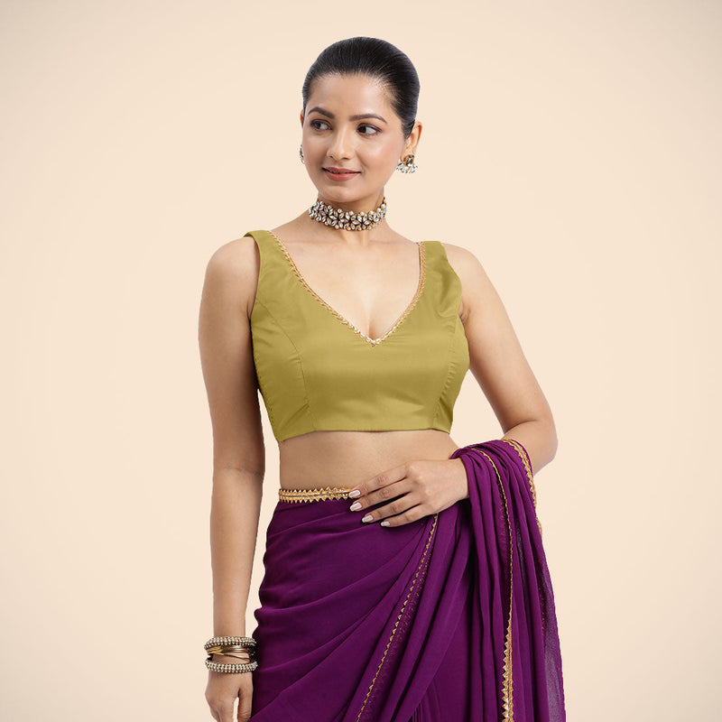 Raisa x Tyohaar | Lemon Yellow Sleeveless FlexiFit™ Saree Blouse with V Neckline with Golden Gota Lace Embellishment and Back Cut-out with Tie-Up-Binks