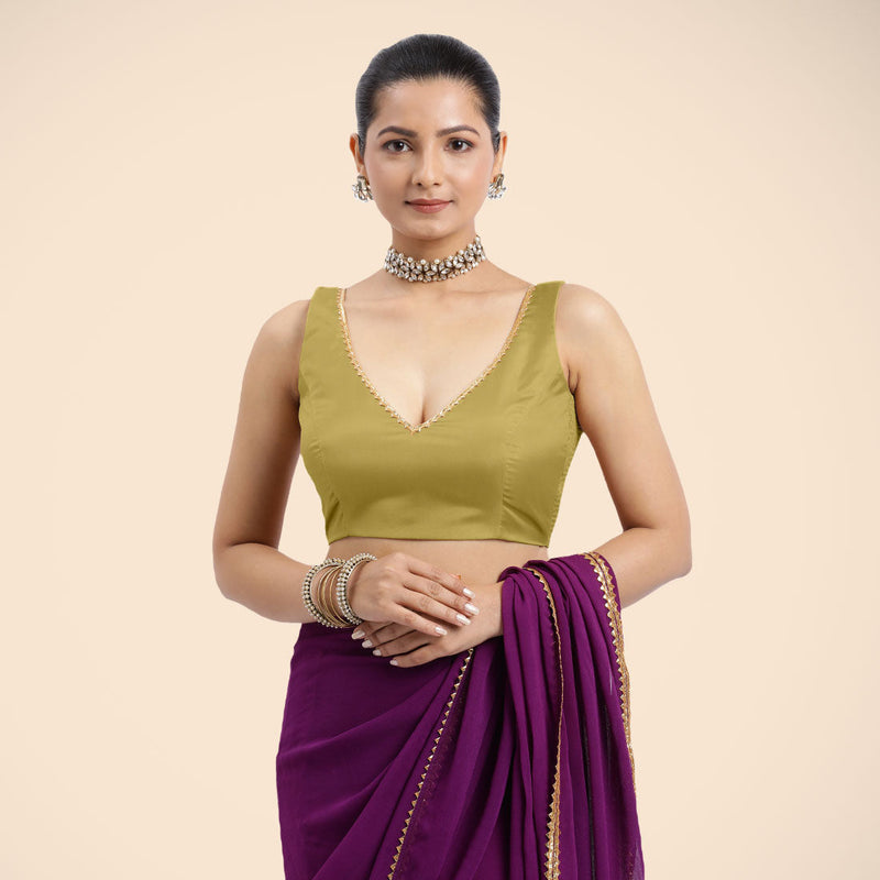 Raisa x Tyohaar | Lemon Yellow Sleeveless FlexiFit™ Saree Blouse with V Neckline with Golden Gota Lace Embellishment and Back Cut-out with Tie-Up-Binks