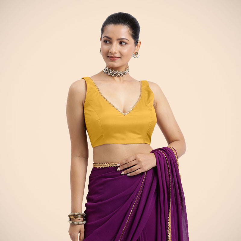 Raisa x Tyohaar | Sleeveless Marigold Yellow FlexiFit™ Gota Embellished Saree Blouse with Curved V-Neck-Binks