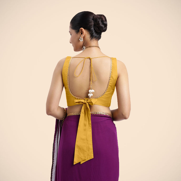 Raisa x Tyohaar Saree Blouse, in Yellow Artificial Silk, featuring sleeveless and curved v-neckline (view 2).