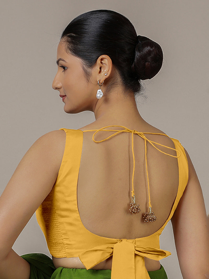 Raisa x Rozaana | Sleeveless Marigold Yellow FlexiFit™ Saree Blouse with Curved V-Neck-Binks
