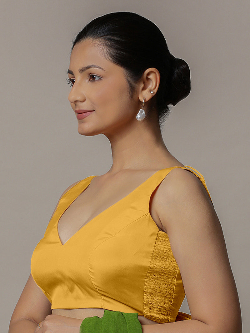 Raisa x Rozaana | Sleeveless Marigold Yellow FlexiFit™ Saree Blouse with Curved V-Neck-Binks