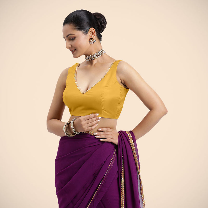 Raisa x Tyohaar | Sleeveless Marigold Yellow FlexiFit™ Gota Embellished Saree Blouse with Curved V-Neck-Binks