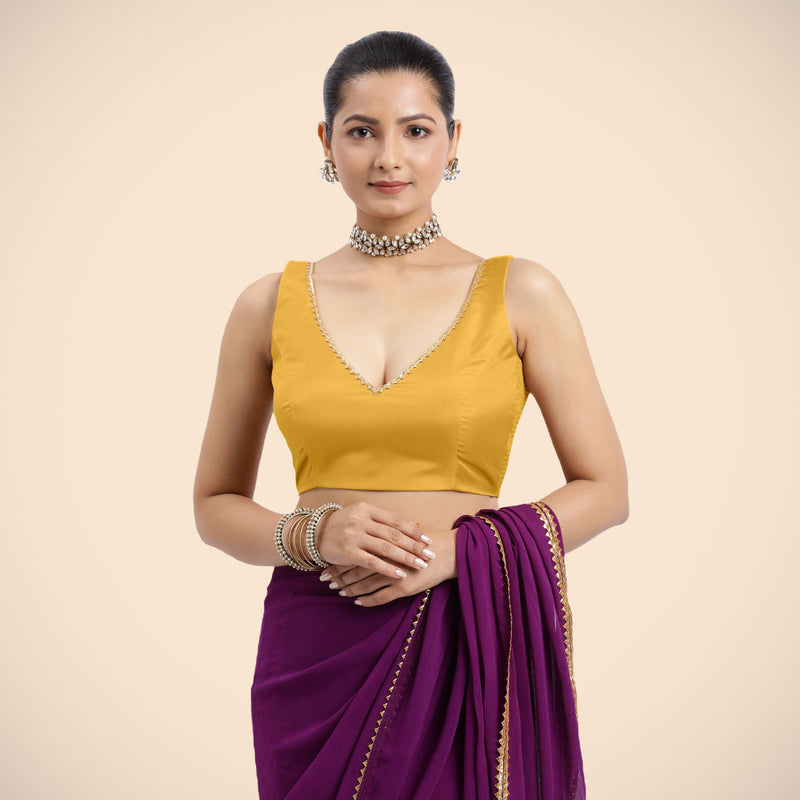 Raisa x Tyohaar | Sleeveless Marigold Yellow FlexiFit™ Gota Embellished Saree Blouse with Curved V-Neck-Binks