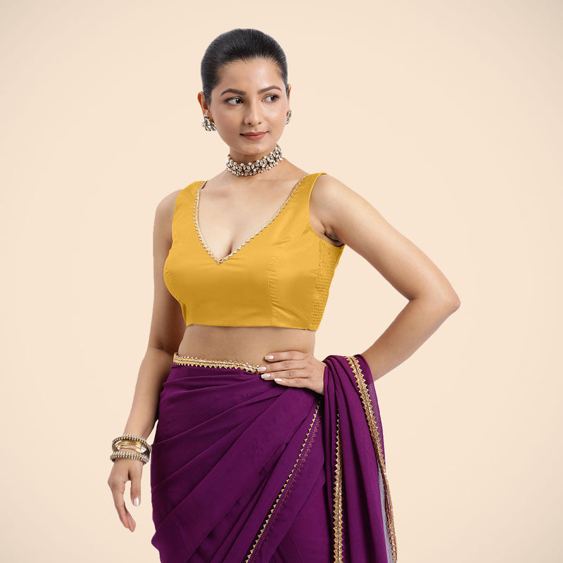 Raisa x Tyohaar | Sleeveless Marigold Yellow FlexiFit™ Gota Embellished Saree Blouse with Curved V-Neck-Binks
