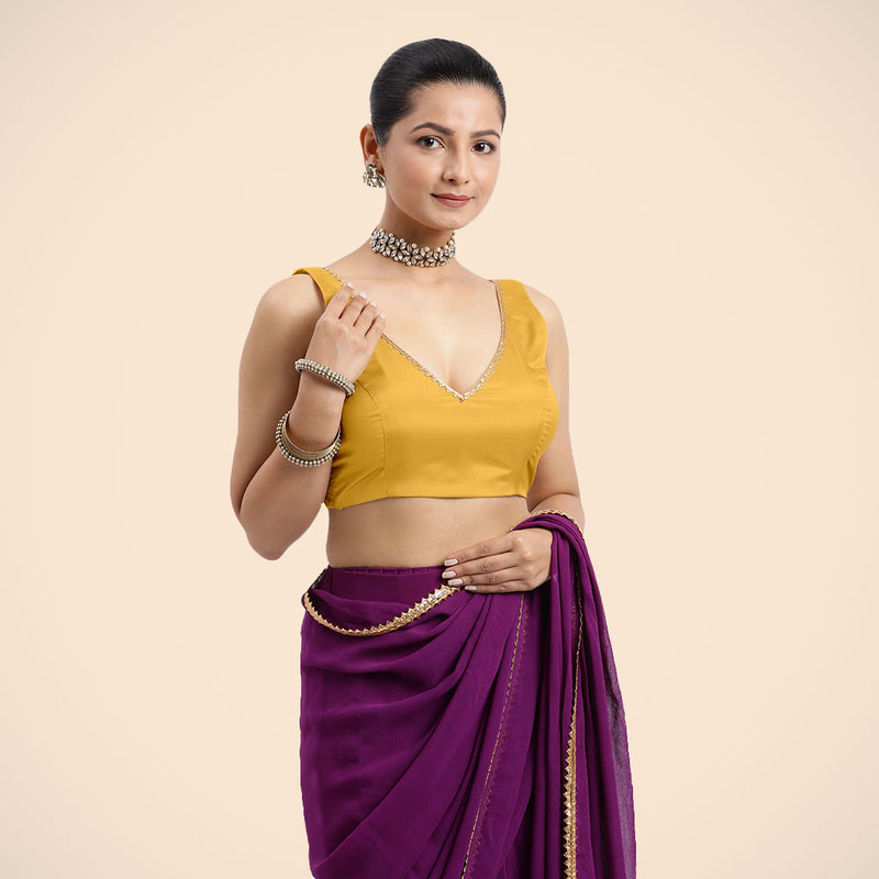 Raisa x Tyohaar | Sleeveless Marigold Yellow FlexiFit™ Gota Embellished Saree Blouse with Curved V-Neck-Binks