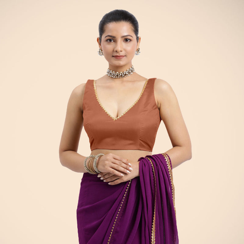 Raisa x Tyohaar | Metallic Copper Sleeveless FlexiFit™ Saree Blouse with V Neckline with Golden Gota Lace Embellishment and Back Cut-out with Tie-Up-Binks