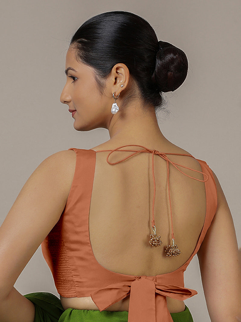 Raisa x Rozaana | Metallic Copper Sleeveless FlexiFit™ Saree Blouse with Simple V Neckline and Back Cut-out with Tie-Up-Binks