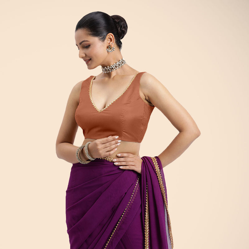 Raisa x Tyohaar | Metallic Copper Sleeveless FlexiFit™ Saree Blouse with V Neckline with Golden Gota Lace Embellishment and Back Cut-out with Tie-Up-Binks