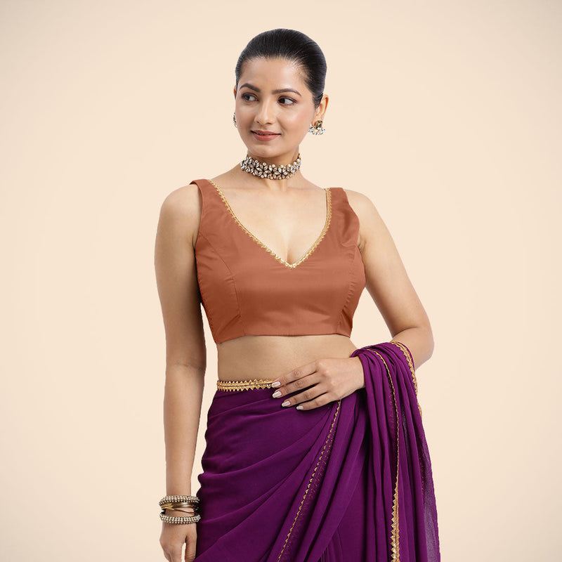Raisa x Tyohaar | Metallic Copper Sleeveless FlexiFit™ Saree Blouse with V Neckline with Golden Gota Lace Embellishment and Back Cut-out with Tie-Up-Binks
