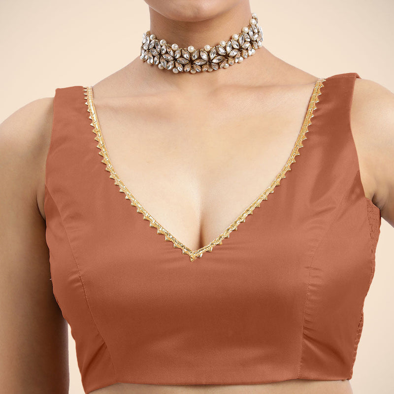 Raisa x Tyohaar | Metallic Copper Sleeveless FlexiFit™ Saree Blouse with V Neckline with Golden Gota Lace Embellishment and Back Cut-out with Tie-Up-Binks