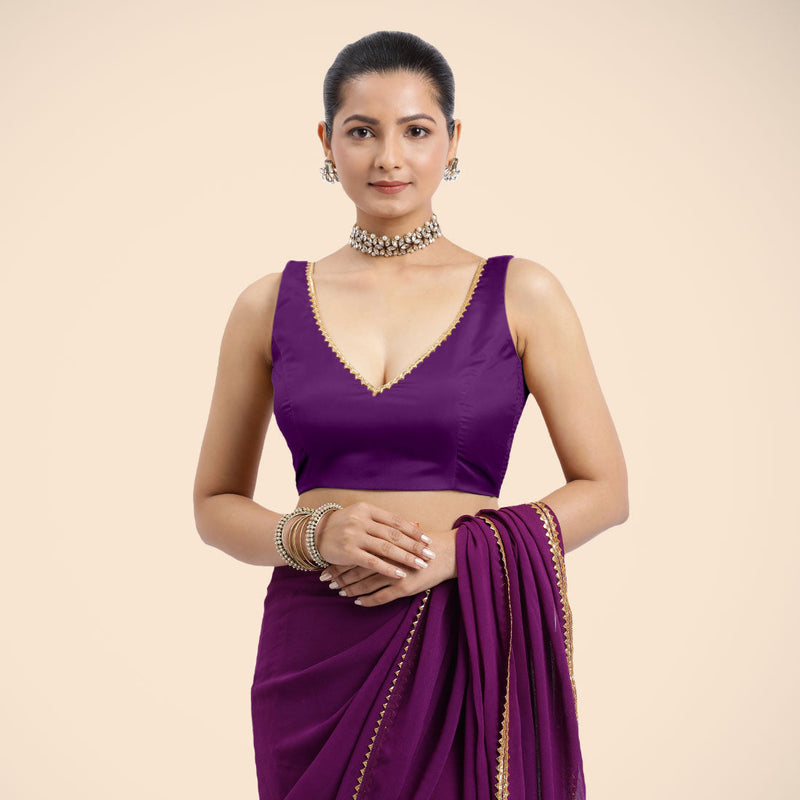 Raisa x Tyohaar | Purple Sleeveless FlexiFit™ Saree Blouse with V Neckline with Golden Gota Lace Embellishment and Back Cut-out with Tie-Up-Binks