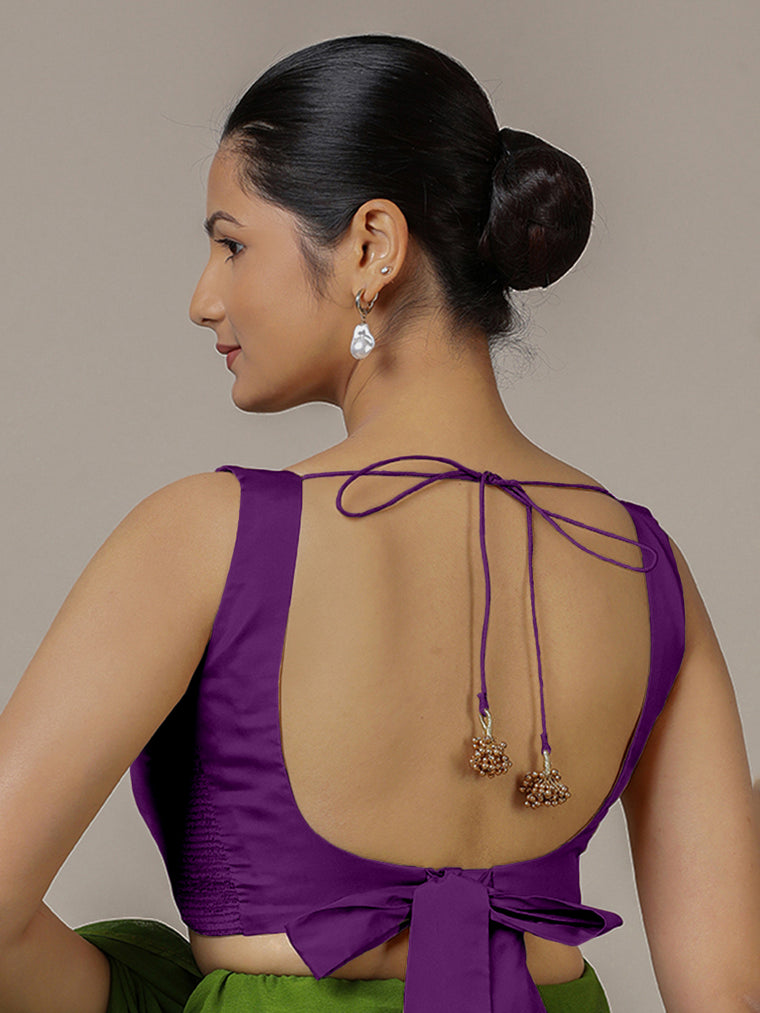 Raisa x Rozaana Saree Blouse, in Purple Vegan Silk, featuring sleeveless and curved v-neckline, made for party & festive.