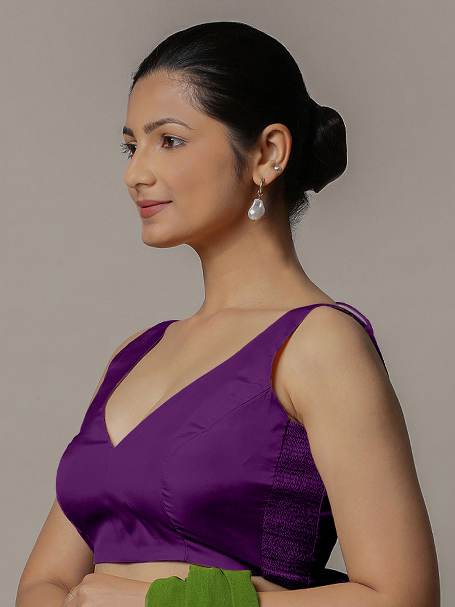 Raisa x Rozaana Saree Blouse, in Purple Vegan Silk, featuring sleeveless and curved v-neckline, made for party & festive.