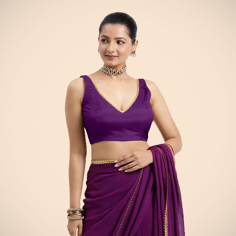 Raisa x Tyohaar | Purple Sleeveless FlexiFit™ Saree Blouse with V Neckline with Golden Gota Lace Embellishment and Back Cut-out with Tie-Up-Binks