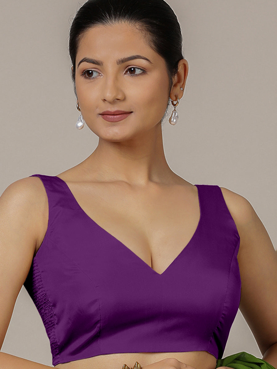 Raisa x Rozaana Saree Blouse, in Purple Vegan Silk, featuring sleeveless and curved v-neckline, made for party & festive.