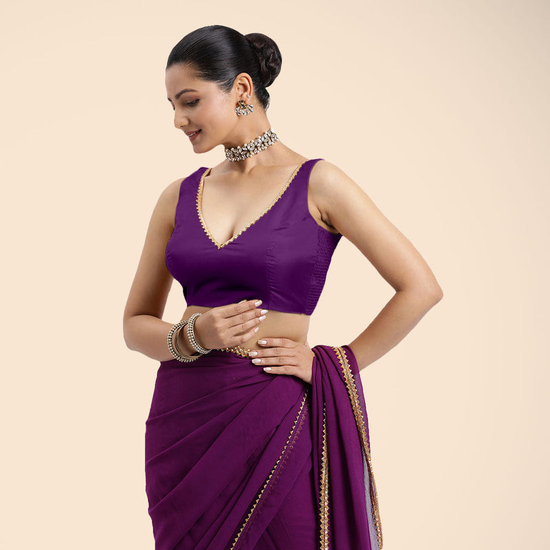 Raisa x Tyohaar | Purple Sleeveless FlexiFit™ Saree Blouse with V Neckline with Golden Gota Lace Embellishment and Back Cut-out with Tie-Up-Binks