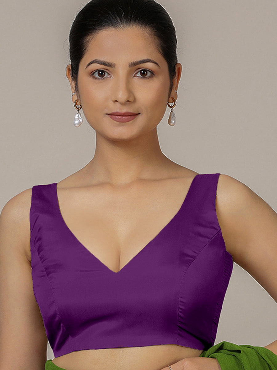 Raisa x Rozaana Saree Blouse, in Purple Vegan Silk, featuring sleeveless and curved v-neckline, made for party & festive.