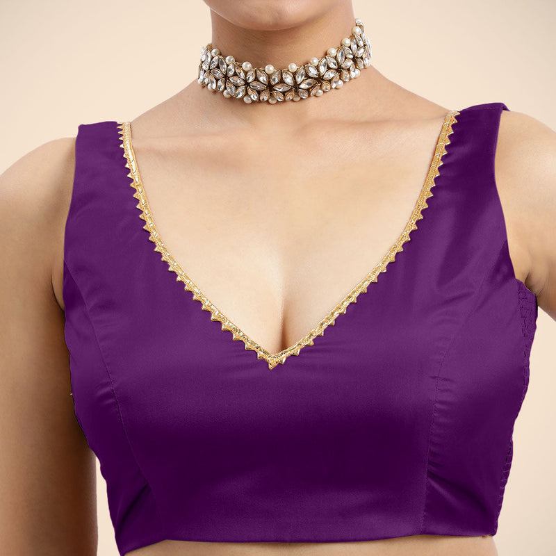 Raisa x Tyohaar | Purple Sleeveless FlexiFit™ Saree Blouse with V Neckline with Golden Gota Lace Embellishment and Back Cut-out with Tie-Up-Binks