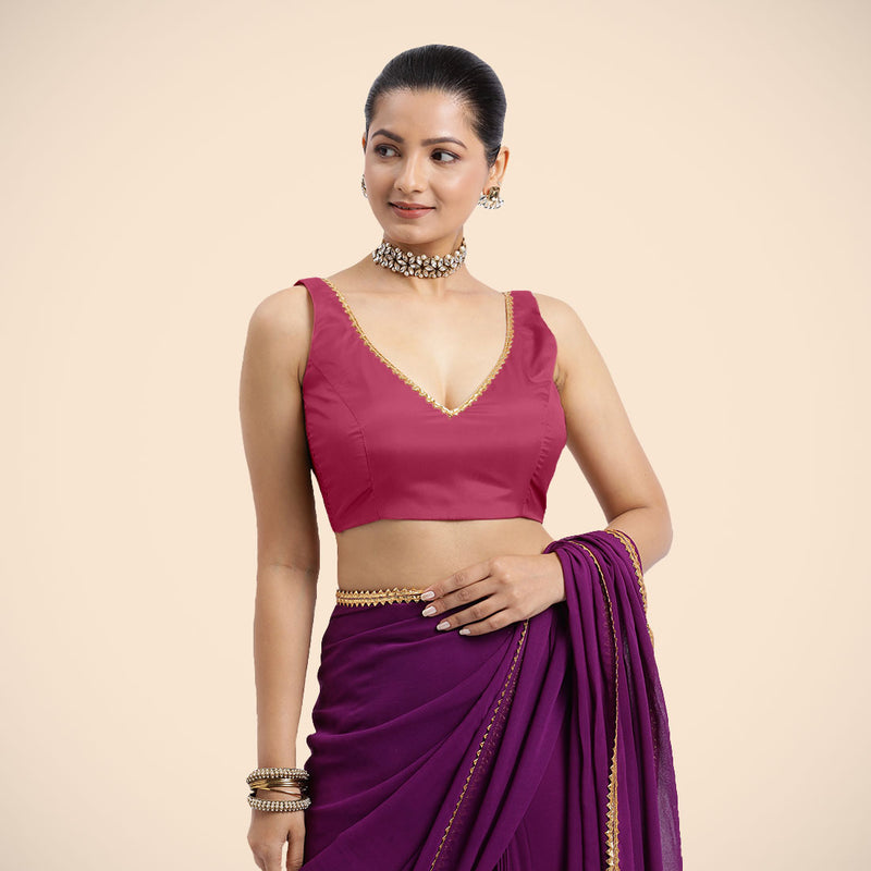 Raisa x Tyohaar | Rani Pink Sleeveless FlexiFit™ Saree Blouse with V Neckline with Golden Gota Lace Embellishment and Back Cut-out with Tie-Up-Binks