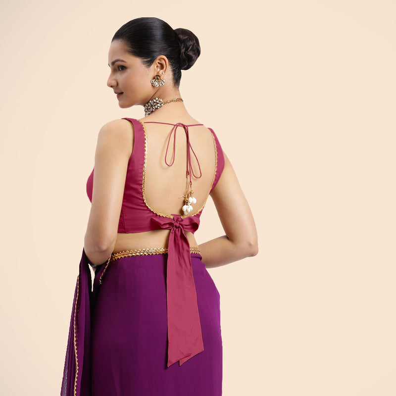 Raisa x Tyohaar | Rani Pink Sleeveless FlexiFit™ Saree Blouse with V Neckline with Golden Gota Lace Embellishment and Back Cut-out with Tie-Up-Binks