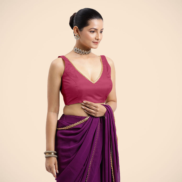 Raisa x Tyohaar Saree Blouse, in Pink Vegan Silk, featuring sleeveless and curved v-neckline, made for party & festive.