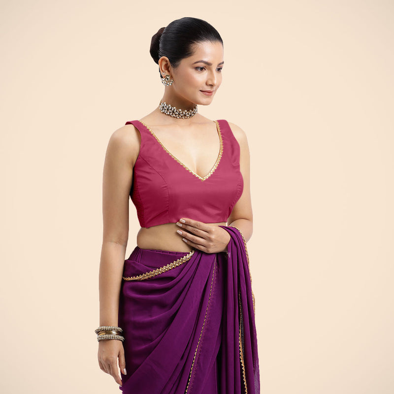 Raisa x Tyohaar | Rani Pink Sleeveless FlexiFit™ Saree Blouse with V Neckline with Golden Gota Lace Embellishment and Back Cut-out with Tie-Up-Binks