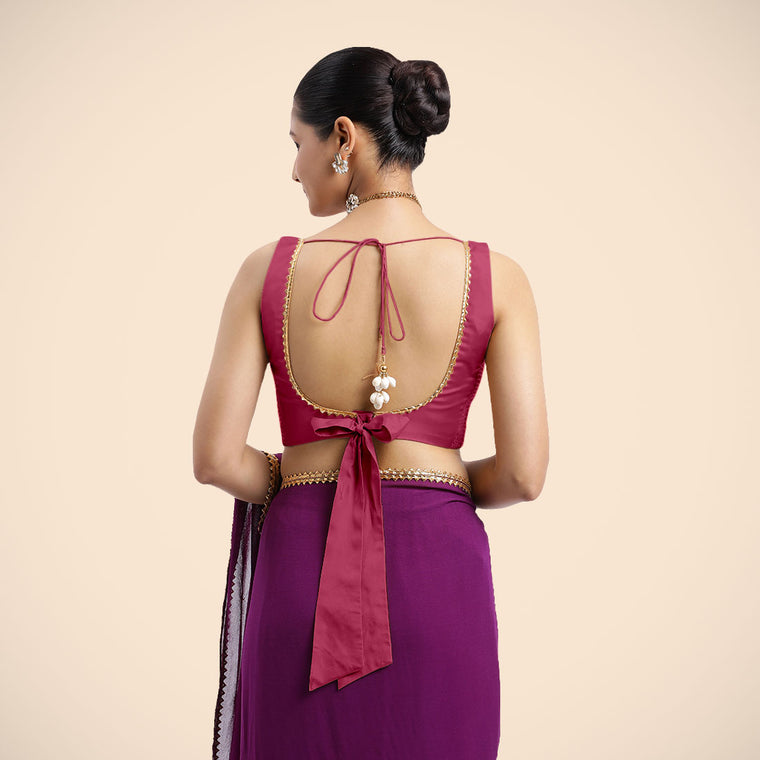 Raisa x Tyohaar Saree Blouse, in Pink Vegan Silk, featuring sleeveless and curved v-neckline, made for party & festive (view 2).