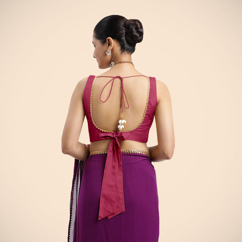 Raisa x Tyohaar | Rani Pink Sleeveless FlexiFit™ Saree Blouse with V Neckline with Golden Gota Lace Embellishment and Back Cut-out with Tie-Up-Binks