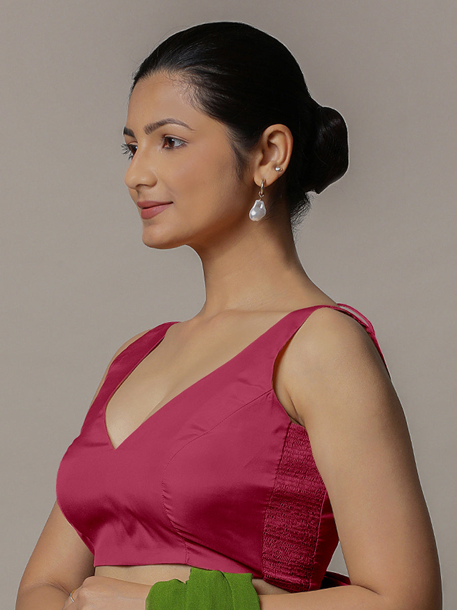 Raisa x Rozaana Saree Blouse, in Pink Vegan Silk, featuring sleeveless and curved v-neckline, made for party & festive (view 4).