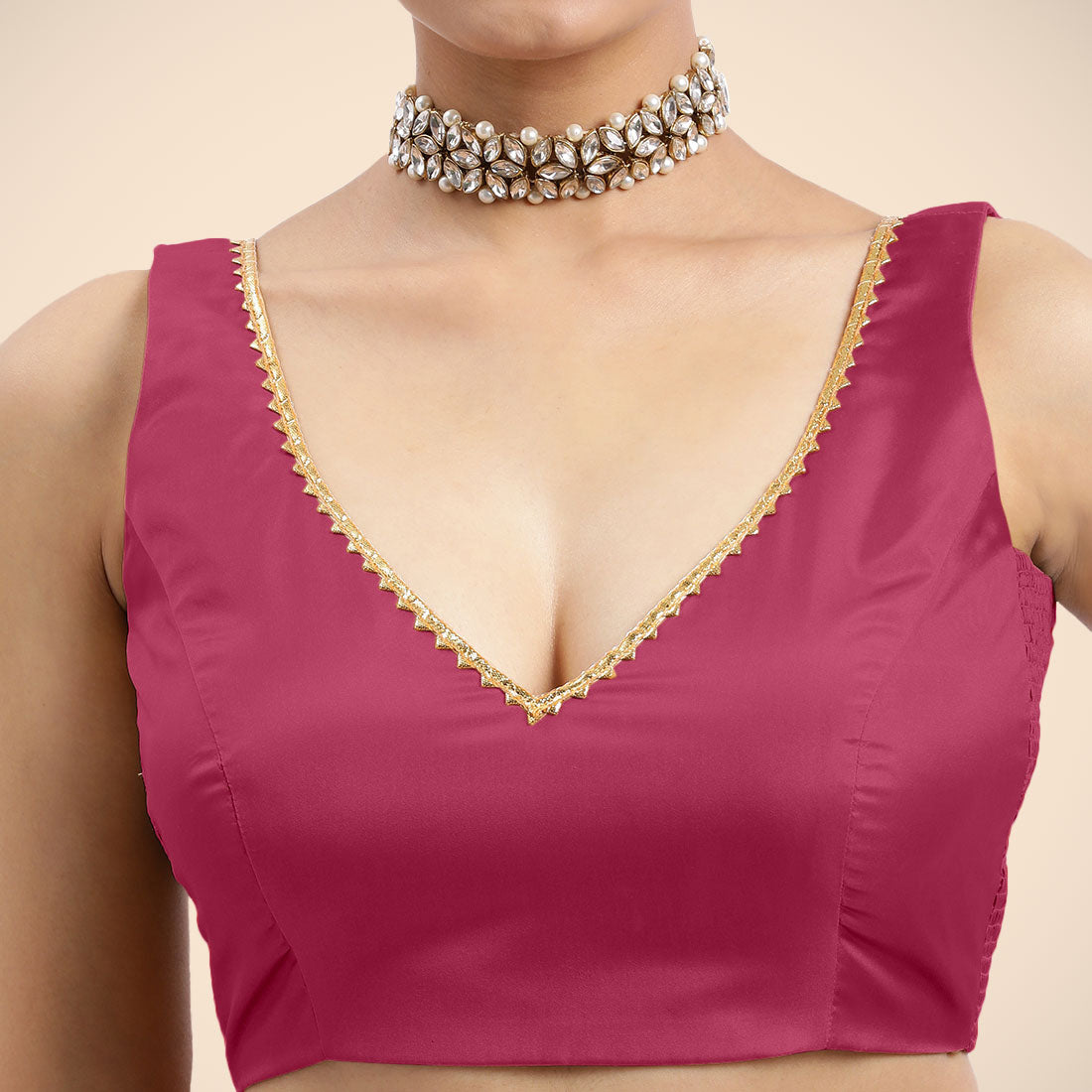 Raisa x Tyohaar Saree Blouse, in Pink Vegan Silk, featuring sleeveless and curved v-neckline, made for party & festive (view 4).