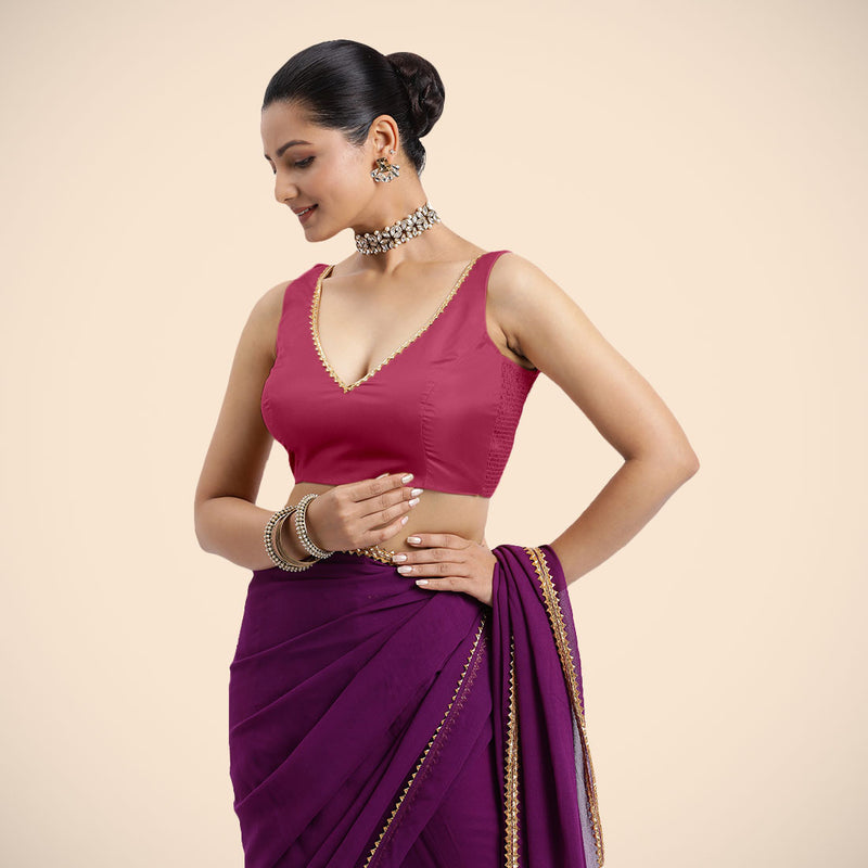 Raisa x Tyohaar | Rani Pink Sleeveless FlexiFit™ Saree Blouse with V Neckline with Golden Gota Lace Embellishment and Back Cut-out with Tie-Up-Binks