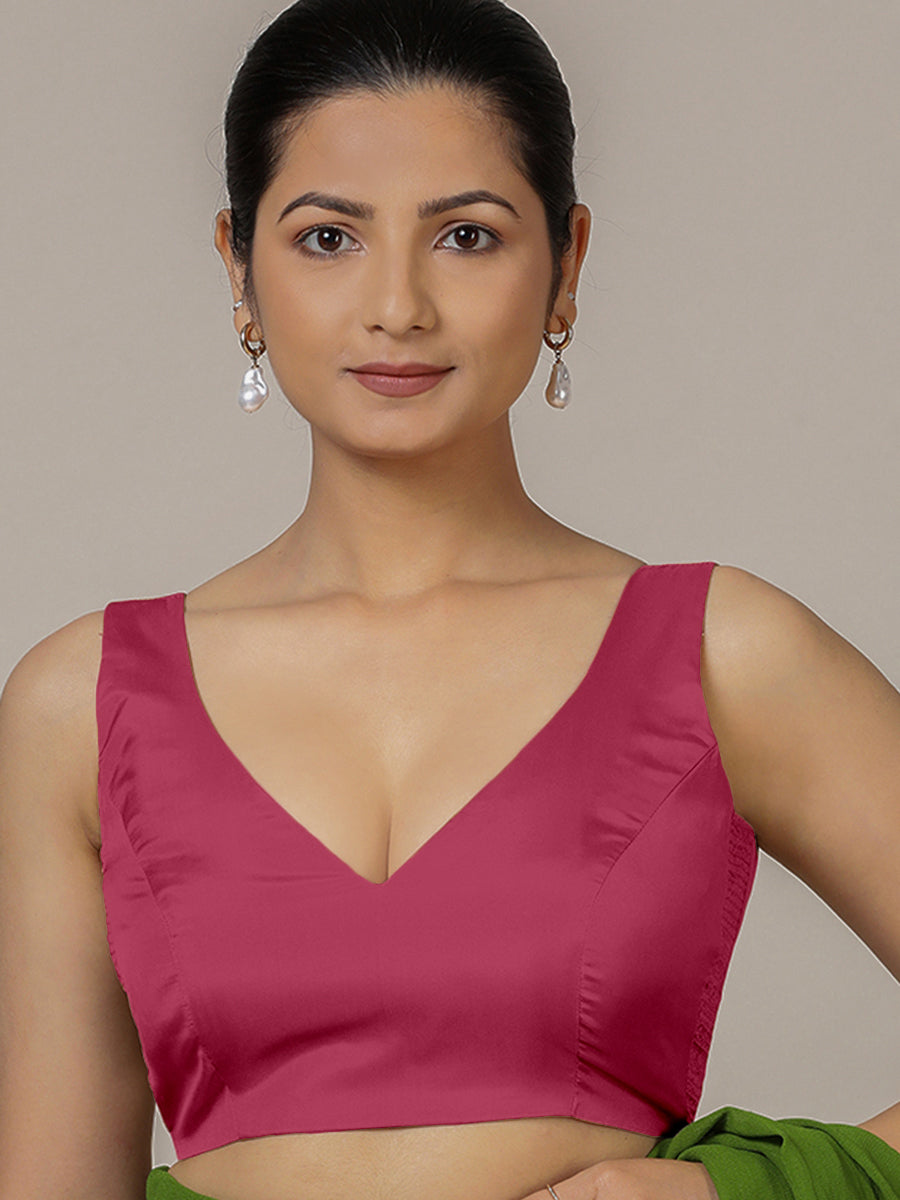 Raisa x Rozaana Saree Blouse, in Pink Vegan Silk, featuring sleeveless and curved v-neckline, made for party & festive (view 6).