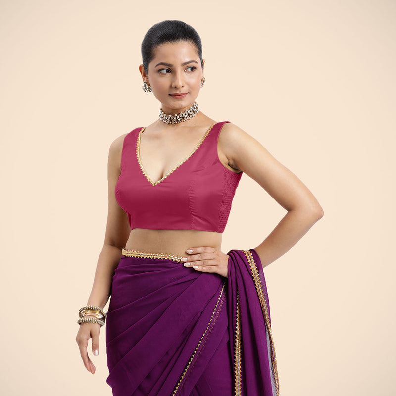 Raisa x Tyohaar | Rani Pink Sleeveless FlexiFit™ Saree Blouse with V Neckline with Golden Gota Lace Embellishment and Back Cut-out with Tie-Up-Binks