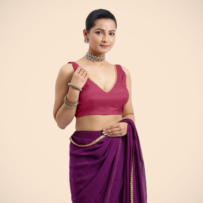 Raisa x Tyohaar | Rani Pink Sleeveless FlexiFit™ Saree Blouse with V Neckline with Golden Gota Lace Embellishment and Back Cut-out with Tie-Up-Binks