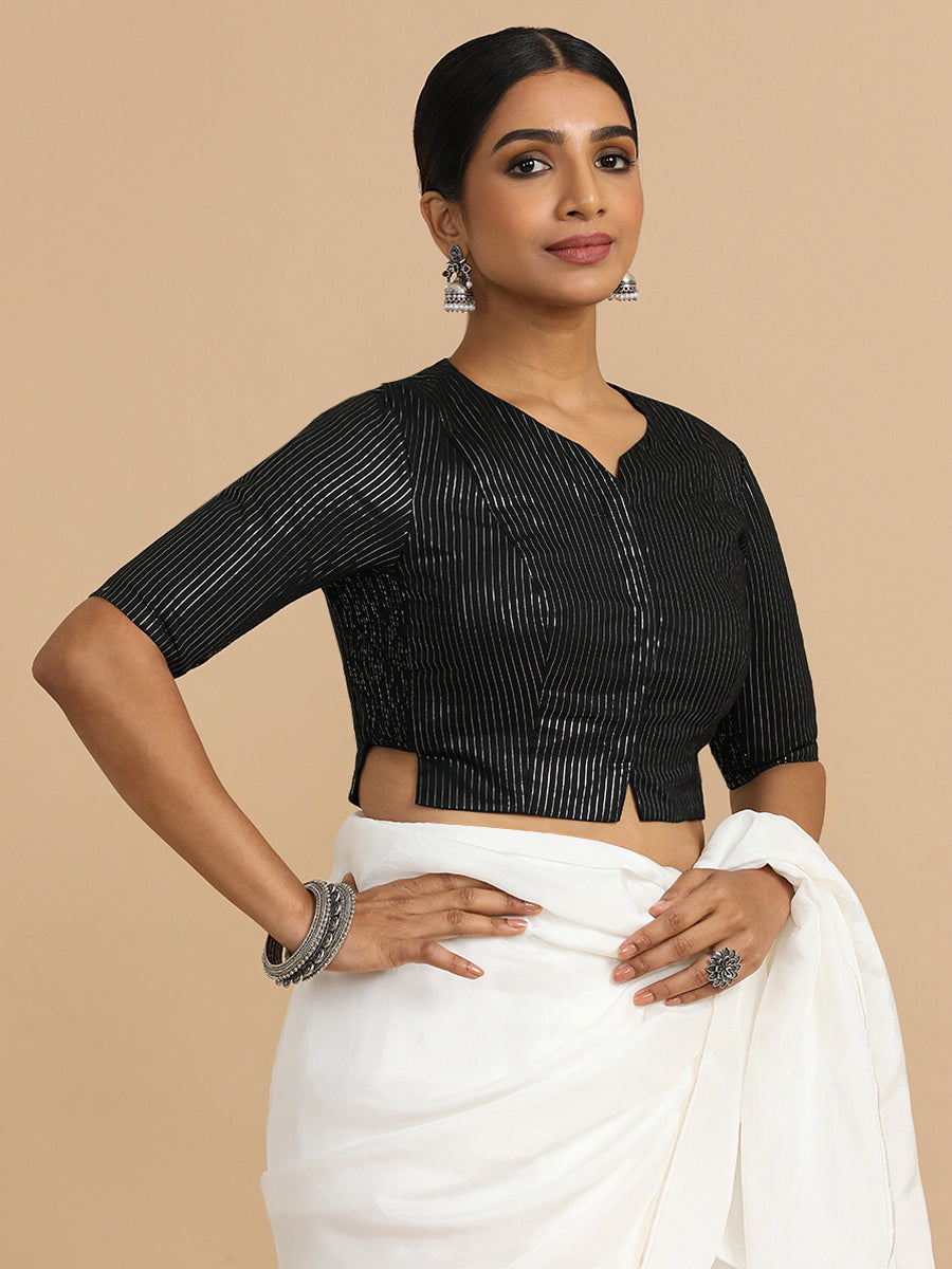 Rashi x Rozaana Saree Blouse, in Black 100% Cotton & Lurex, featuring elbow sleeves and round neckline.