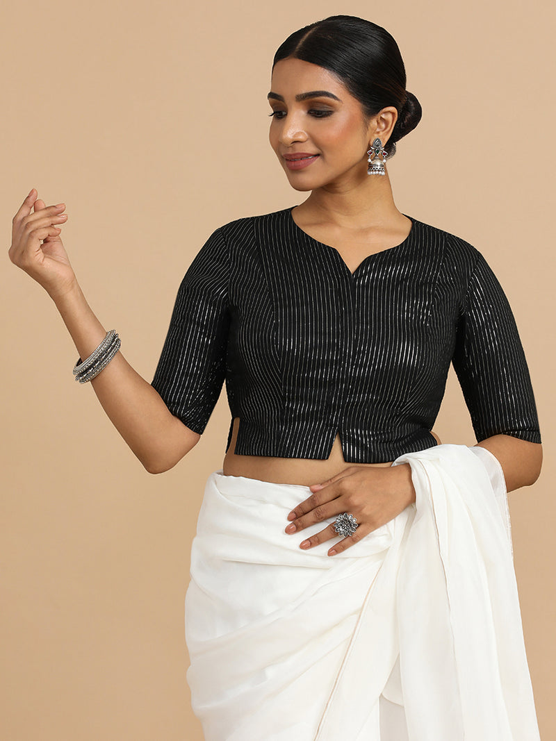 Rashi x Rozaana | Elbow Sleeves Saree Blouse in Black Silver Stripe Cotton-Binks