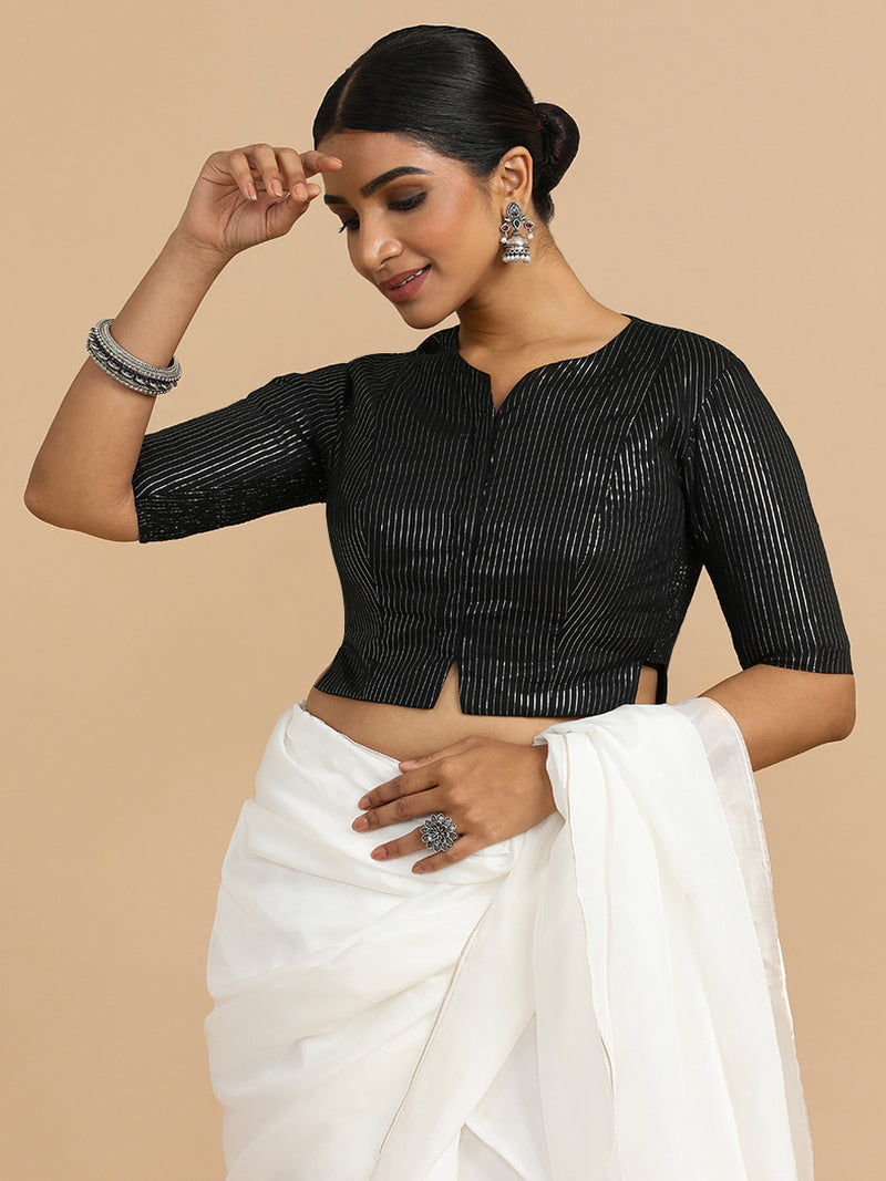 Rashi x Rozaana | Elbow Sleeves Saree Blouse in Black Silver Stripe Cotton-Binks