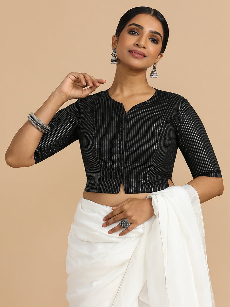 Rashi x Rozaana | Elbow Sleeves Saree Blouse in Black Silver Stripe Cotton-Binks