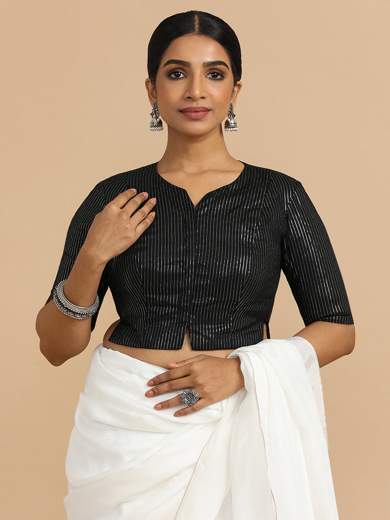 Rashi x Rozaana | Elbow Sleeves Saree Blouse in Black Silver Stripe Cotton-Binks