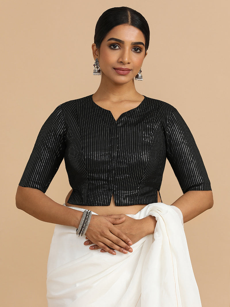 Rashi x Rozaana | Elbow Sleeves Saree Blouse in Black Silver Stripe Cotton-Binks