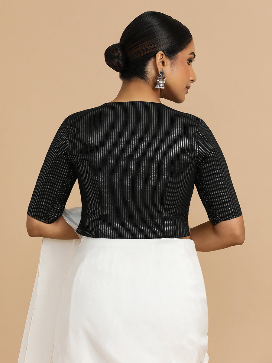 Rashi x Rozaana Saree Blouse, in Black 100% Cotton & Lurex, featuring elbow sleeves and round neckline (view 2).