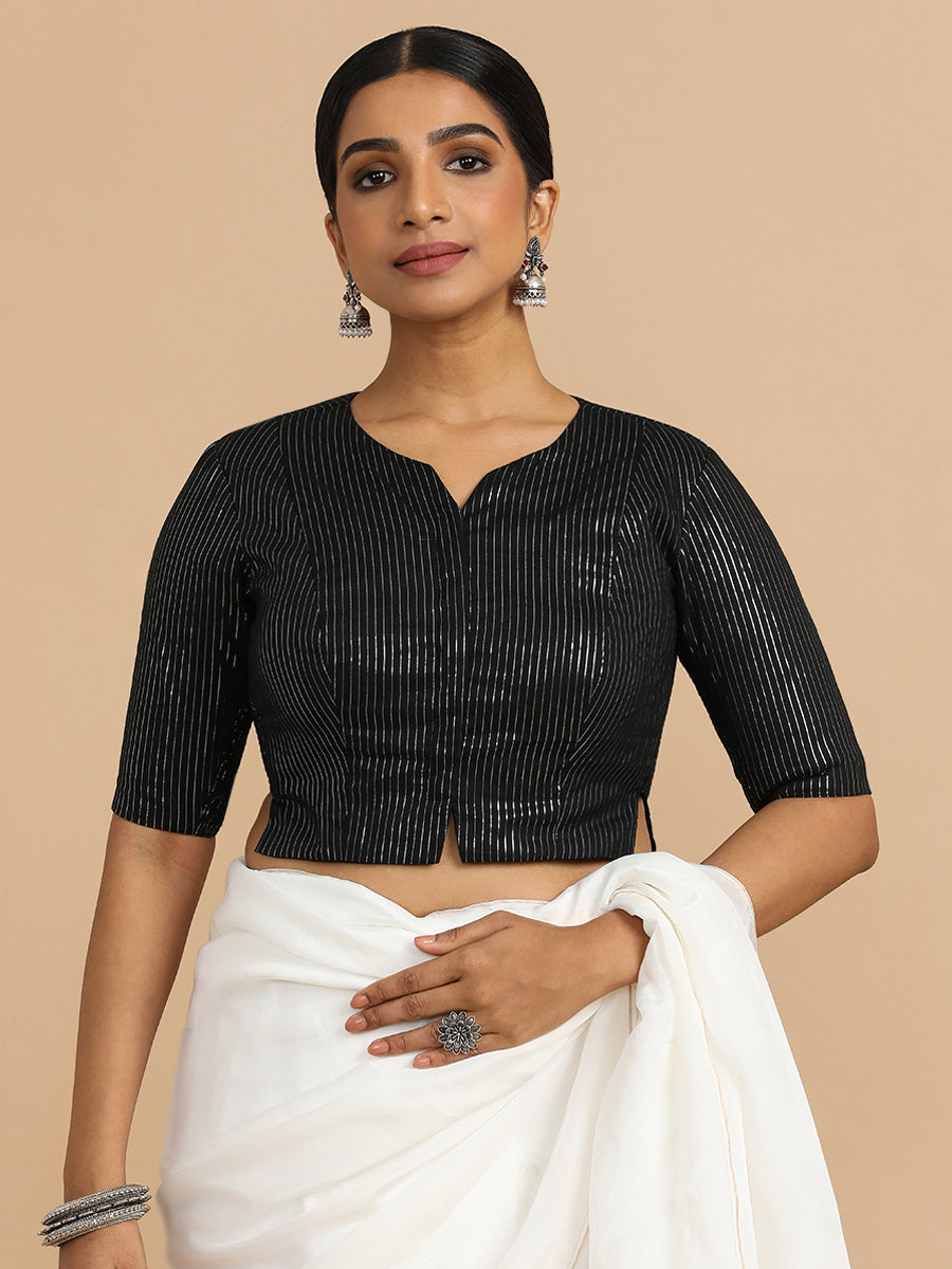 Rashi x Rozaana Saree Blouse, in Black 100% Cotton & Lurex, featuring elbow sleeves and round neckline (view 5).